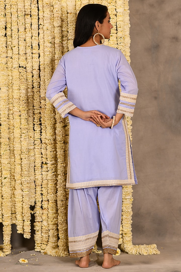Lilac Purple Cotton Mulmul Embroidered Kurta Set by Amrita Artisanal at Pernia's Pop Up Shop