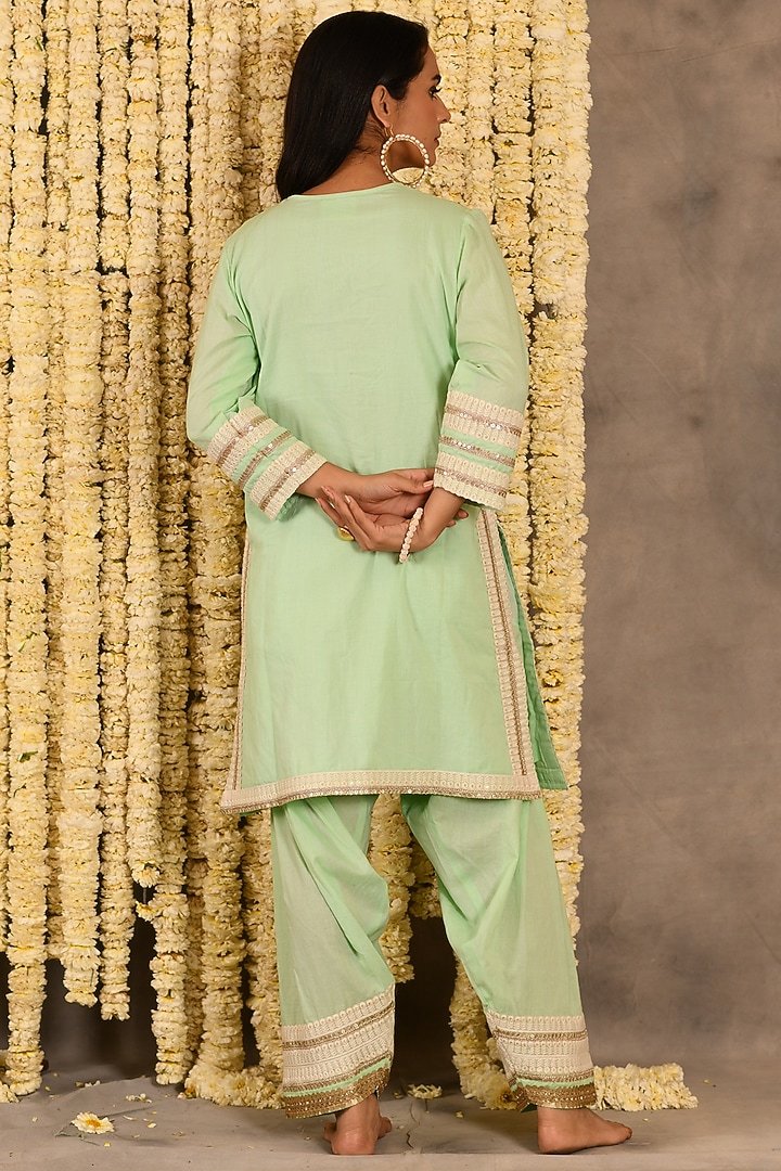 Pista Green Cotton Mulmul Embroidered Kurta Set by Amrita Artisanal at Pernia's Pop Up Shop