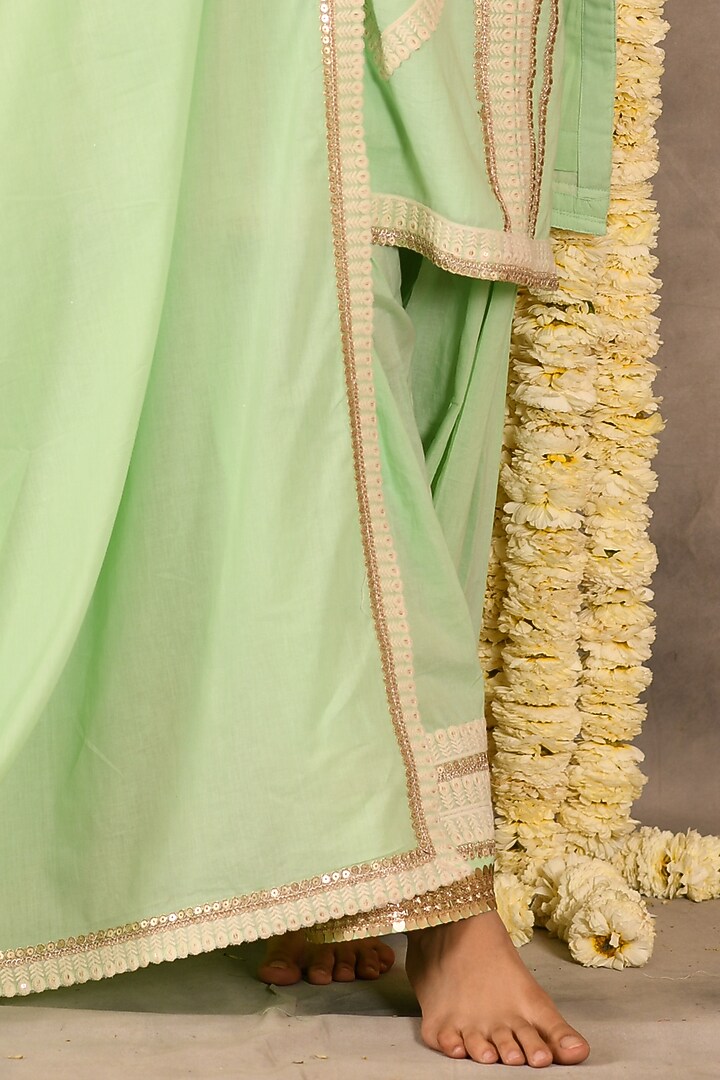 Pista Green Cotton Mulmul Embroidered Kurta Set by Amrita Artisanal at Pernia's Pop Up Shop