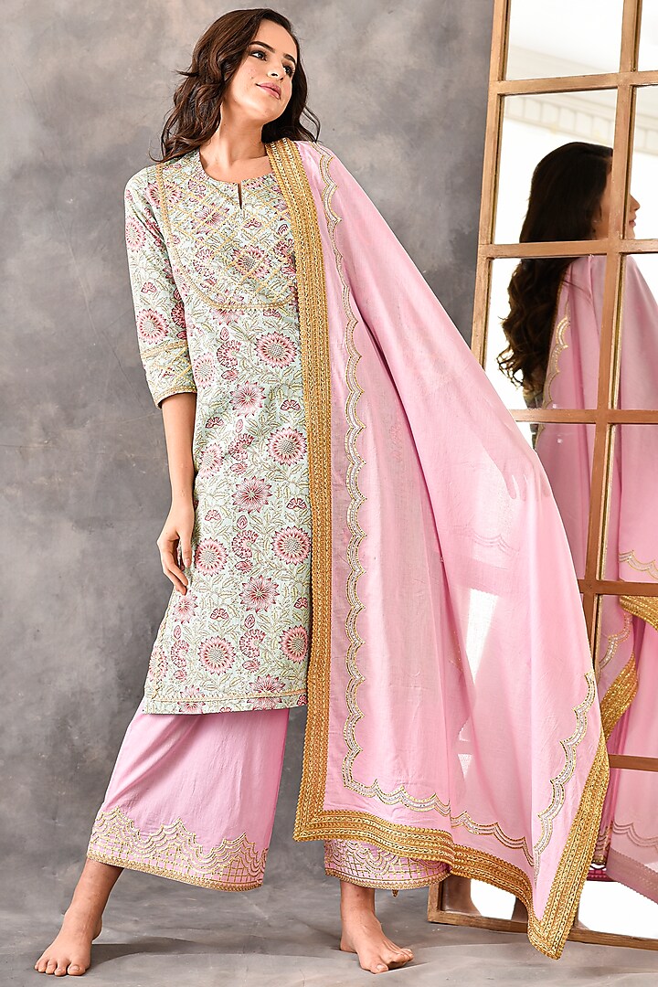 Pastel Green A-Line Printed Kurta Set by Amrita Artisanal