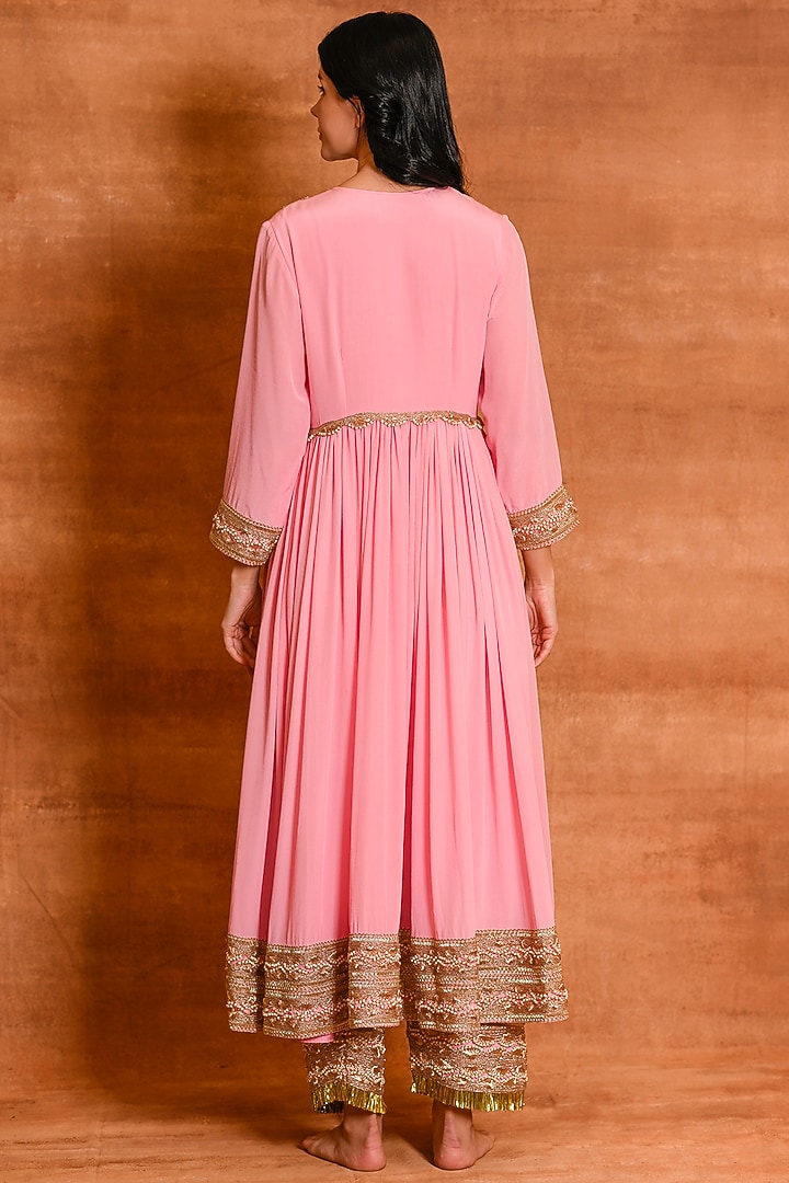 Bubblegum Pink Crepe Silk Party Wear Anarkali Set by Amrita Artisanal at Pernia's Pop Up Shop