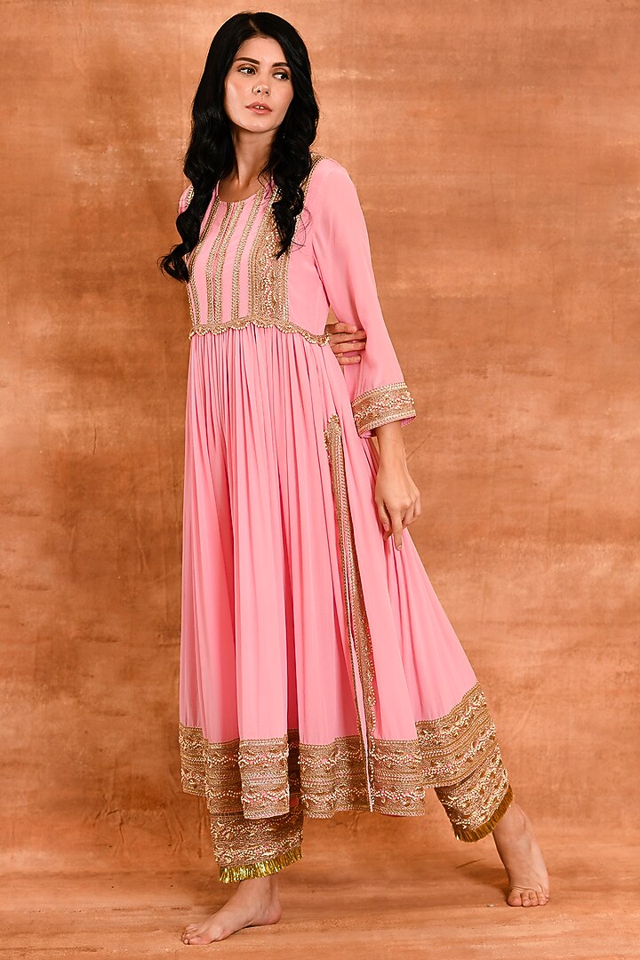 Bubblegum Pink Crepe Silk Party Wear Anarkali Set by Amrita Artisanal at Pernia's Pop Up Shop