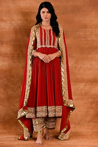 Cherry Red Crepe Silk Anarkali Set by Amrita Artisanal