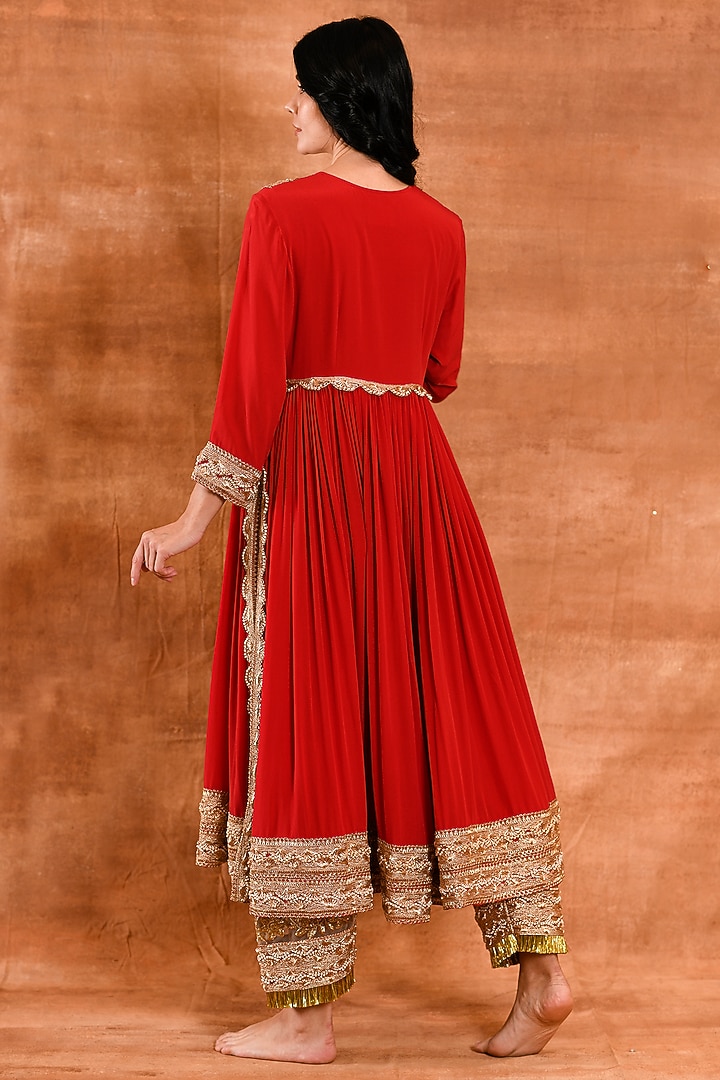 Cherry Red Crepe Silk Party Wear Anarkali Set by Amrita Artisanal at Pernia's Pop Up Shop