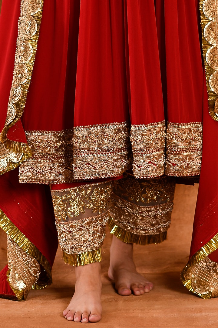 Cherry Red Crepe Silk Party Wear Anarkali Set by Amrita Artisanal at Pernia's Pop Up Shop