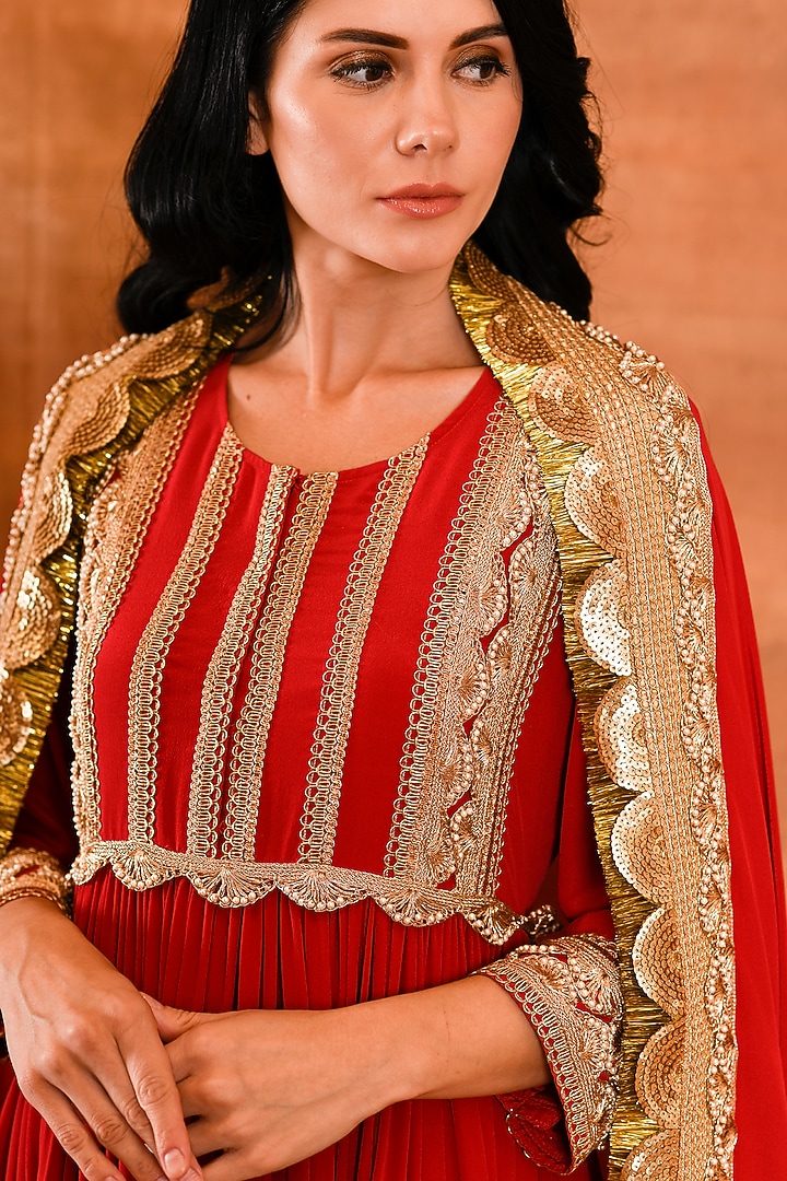Cherry Red Crepe Silk Party Wear Anarkali Set by Amrita Artisanal at Pernia's Pop Up Shop