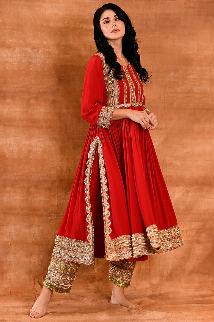 Cherry Red Crepe Silk Party Wear Anarkali Set by Amrita Artisanal at Pernia's Pop Up Shop