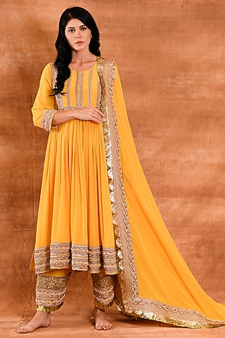 Ripe Mango Crepe Silk Anarkali Set by Amrita Artisanal