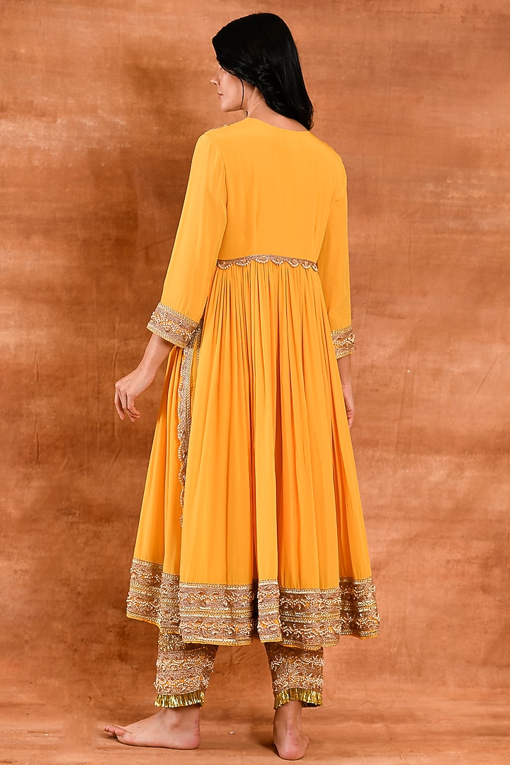 Ripe Mango Crepe Silk Party Wear Anarkali Set by Amrita Artisanal at Pernia's Pop Up Shop