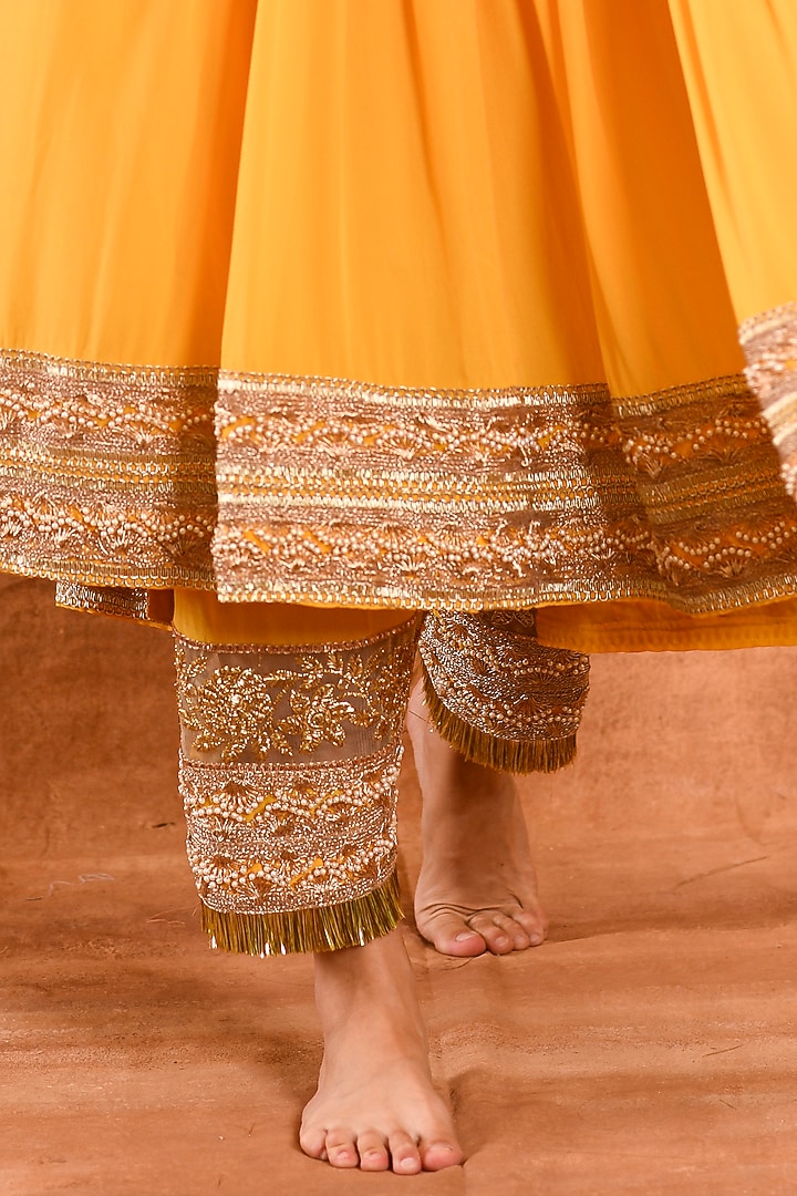 Ripe Mango Crepe Silk Party Wear Anarkali Set by Amrita Artisanal at Pernia's Pop Up Shop