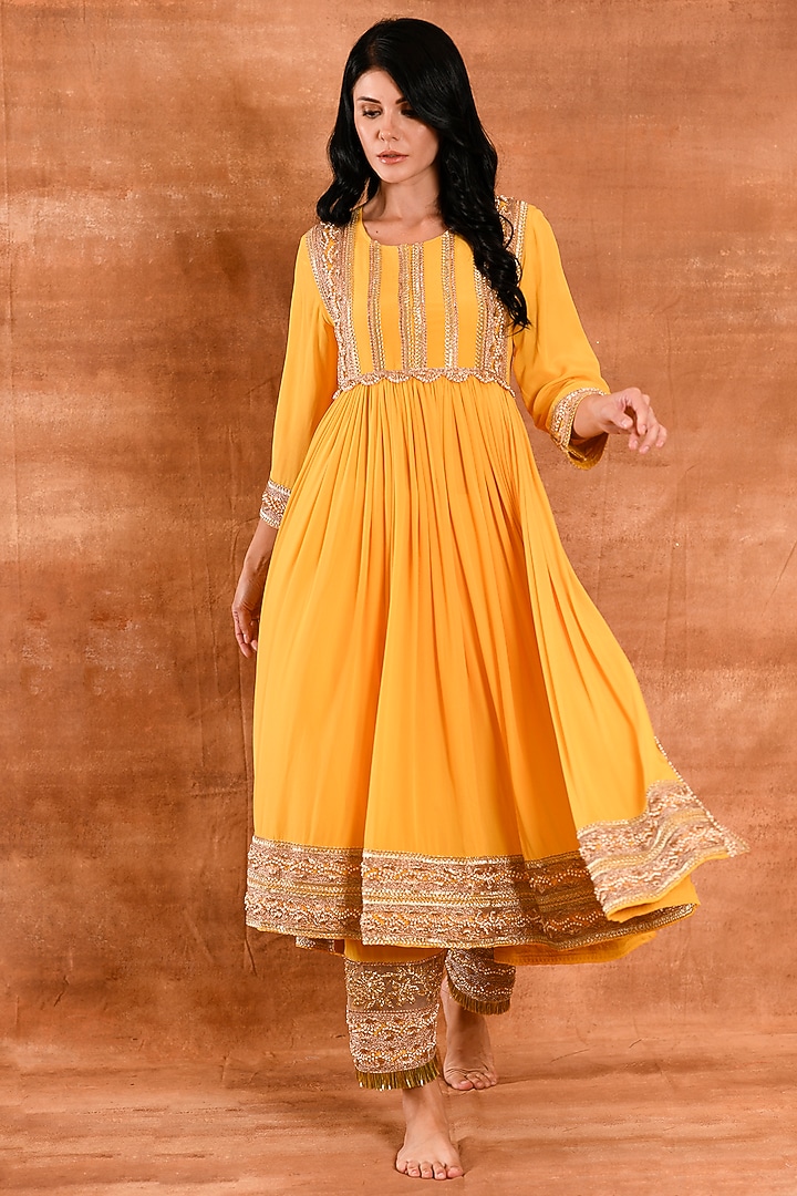 Ripe Mango Crepe Silk Party Wear Anarkali Set by Amrita Artisanal at Pernia's Pop Up Shop