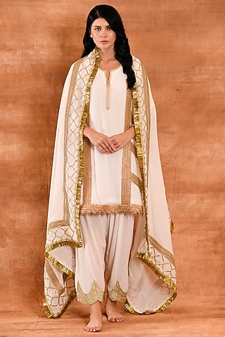 White Crepe Silk Kurta Set by Amrita Artisanal