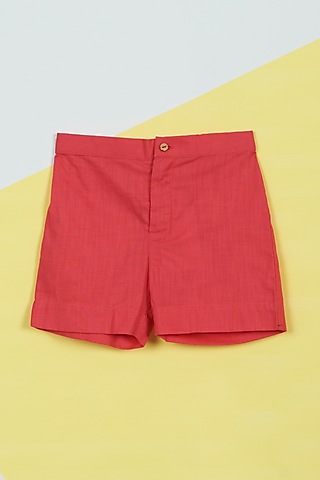 Pink Dobby Straight Shorts For Girls by Ambar
