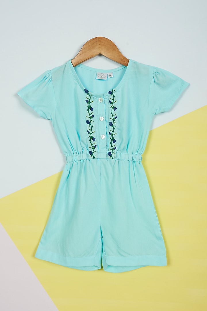 Blue Rayon Embroidered Jumpsuit For Girls by Ambar