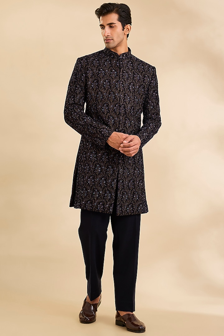 Black Silk Velvet Groom Indowestern Set by Amit Behki at Pernia's Pop Up Shop
