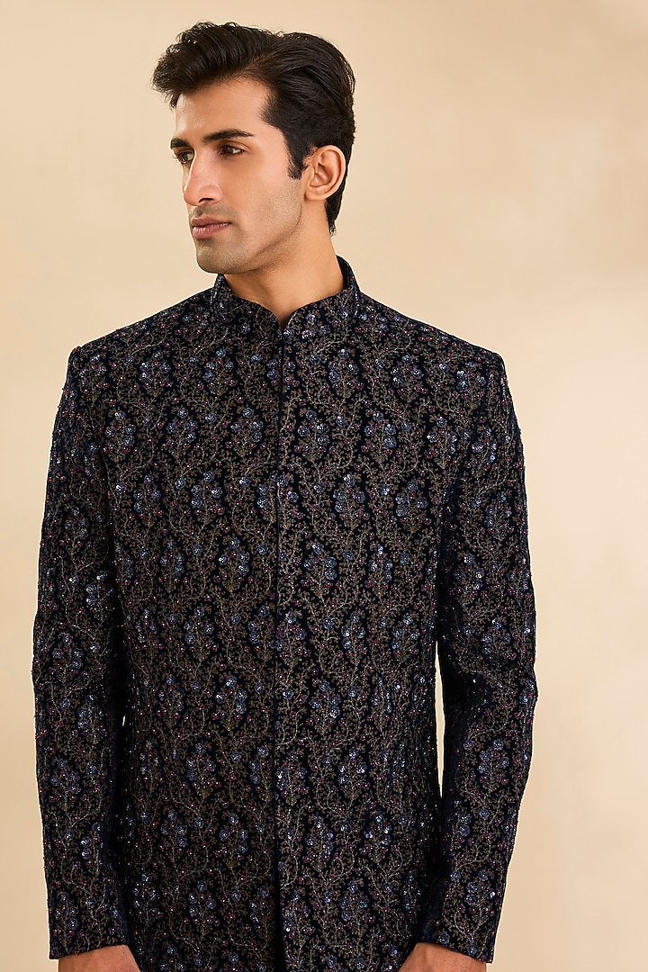 Black Silk Velvet Groom Indowestern Set by Amit Behki at Pernia's Pop Up Shop