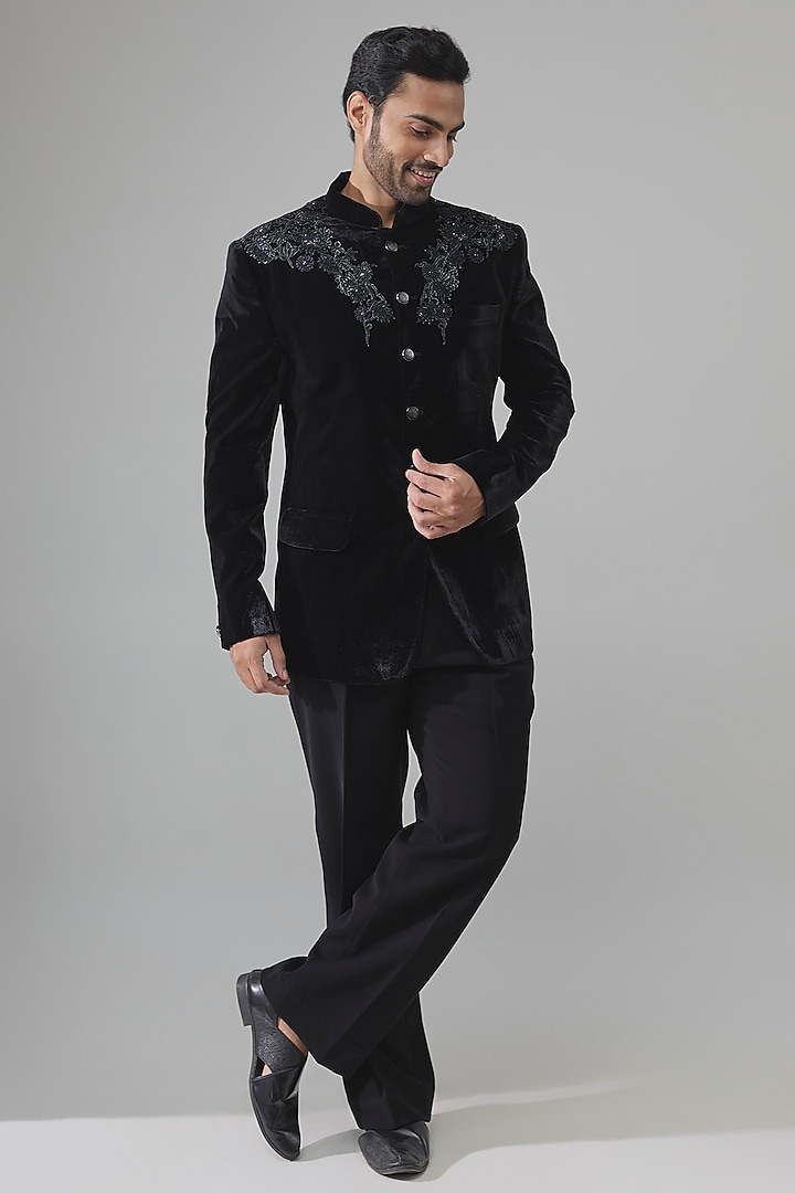 Black Raw Silk Embroidered Wedding Bandhgala Set by Amit Behki at Pernia's Pop Up Shop