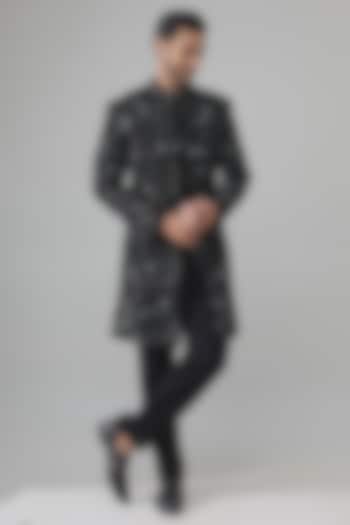 Black Raw Silk Embroidered Groom Indowestern Set by Amit Behki at Pernia's Pop Up Shop