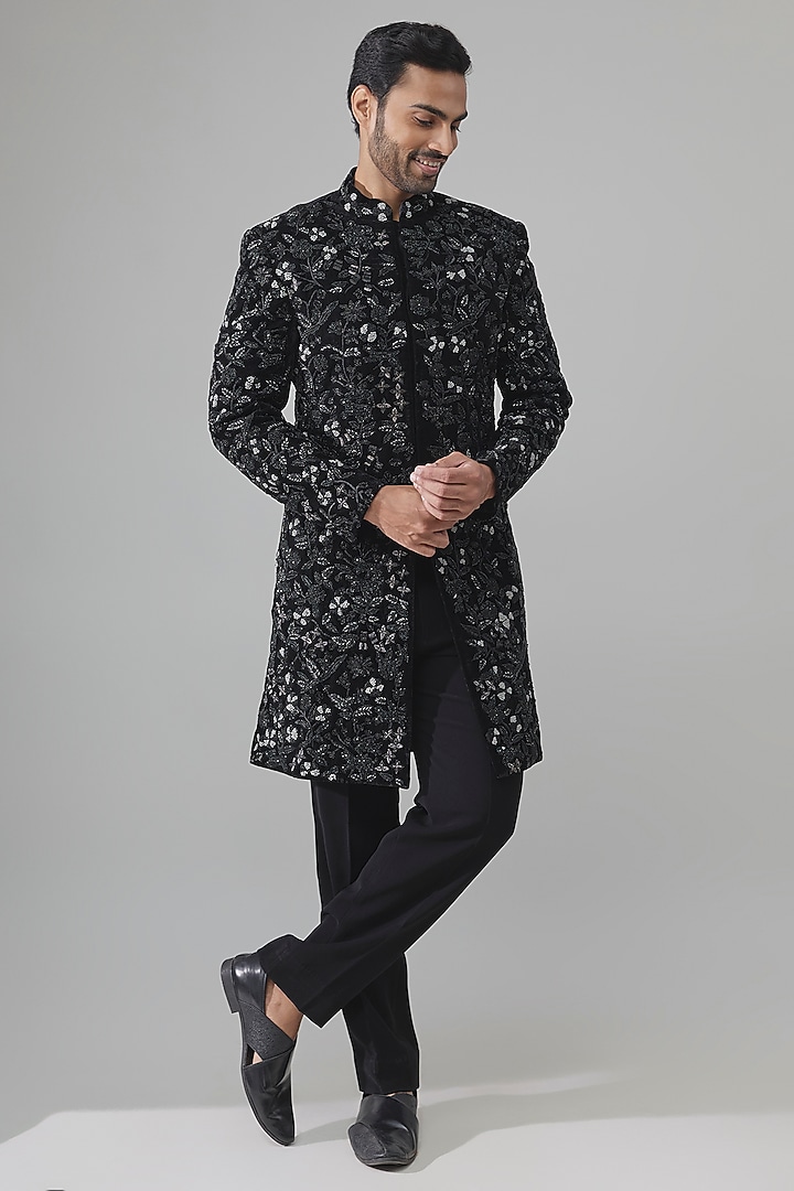 Black Raw Silk Embroidered Groom Indowestern Set by Amit Behki at Pernia's Pop Up Shop