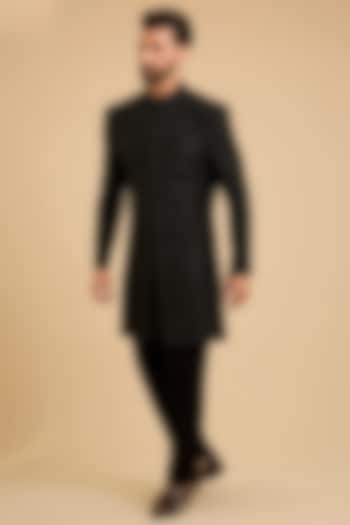 Black Silk Groom Bandhgala Set by Amit Behki at Pernia's Pop Up Shop