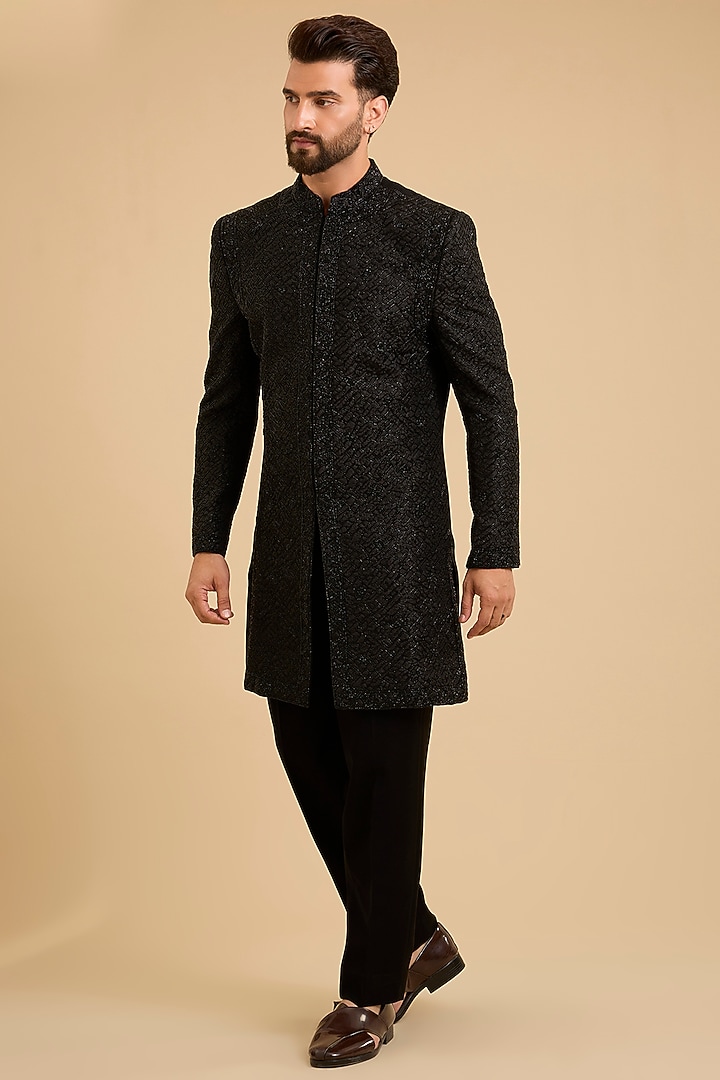 Black Silk Groom Bandhgala Set by Amit Behki at Pernia's Pop Up Shop