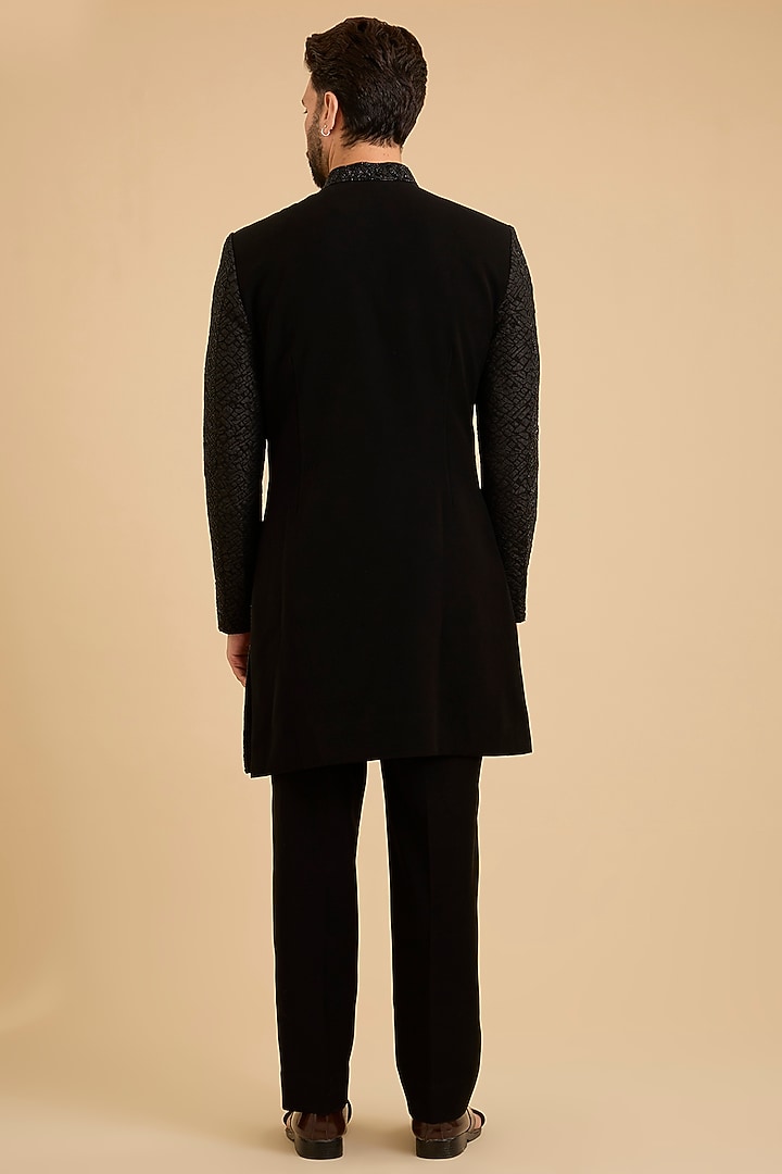 Black Silk Groom Bandhgala Set by Amit Behki at Pernia's Pop Up Shop