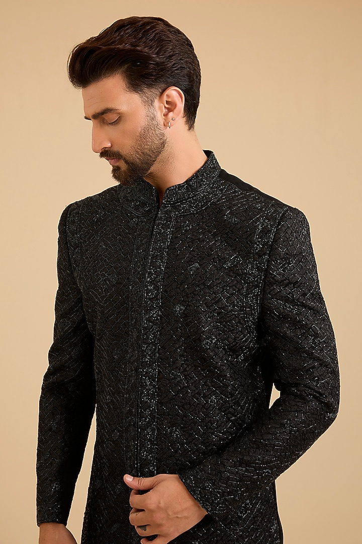 Black Silk Groom Bandhgala Set by Amit Behki at Pernia's Pop Up Shop
