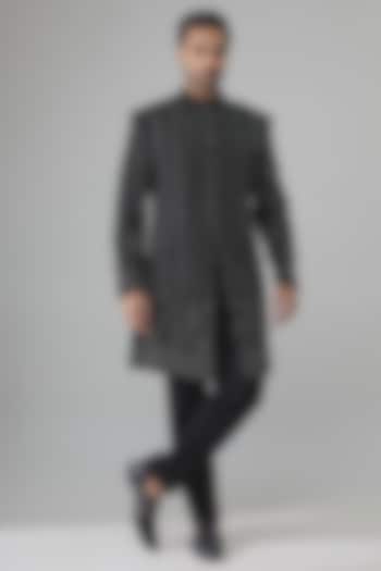 Black Raw Silk Embroidered Groom Indowestern Set by Amit Behki at Pernia's Pop Up Shop