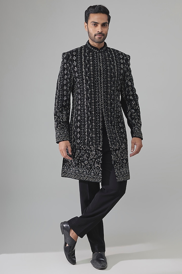 Black Raw Silk Embroidered Groom Indowestern Set by Amit Behki at Pernia's Pop Up Shop