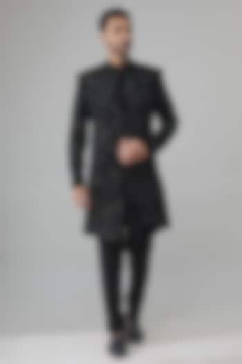 Black Raw Silk Embroidered Groom Indowestern Set by Amit Behki at Pernia's Pop Up Shop