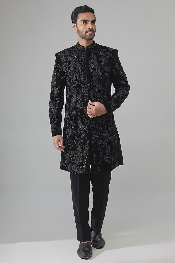 Black Raw Silk Embroidered Groom Indowestern Set by Amit Behki at Pernia's Pop Up Shop
