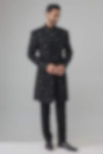 Black Raw Silk Embroidered Groom Indowestern Set by Amit Behki at Pernia's Pop Up Shop