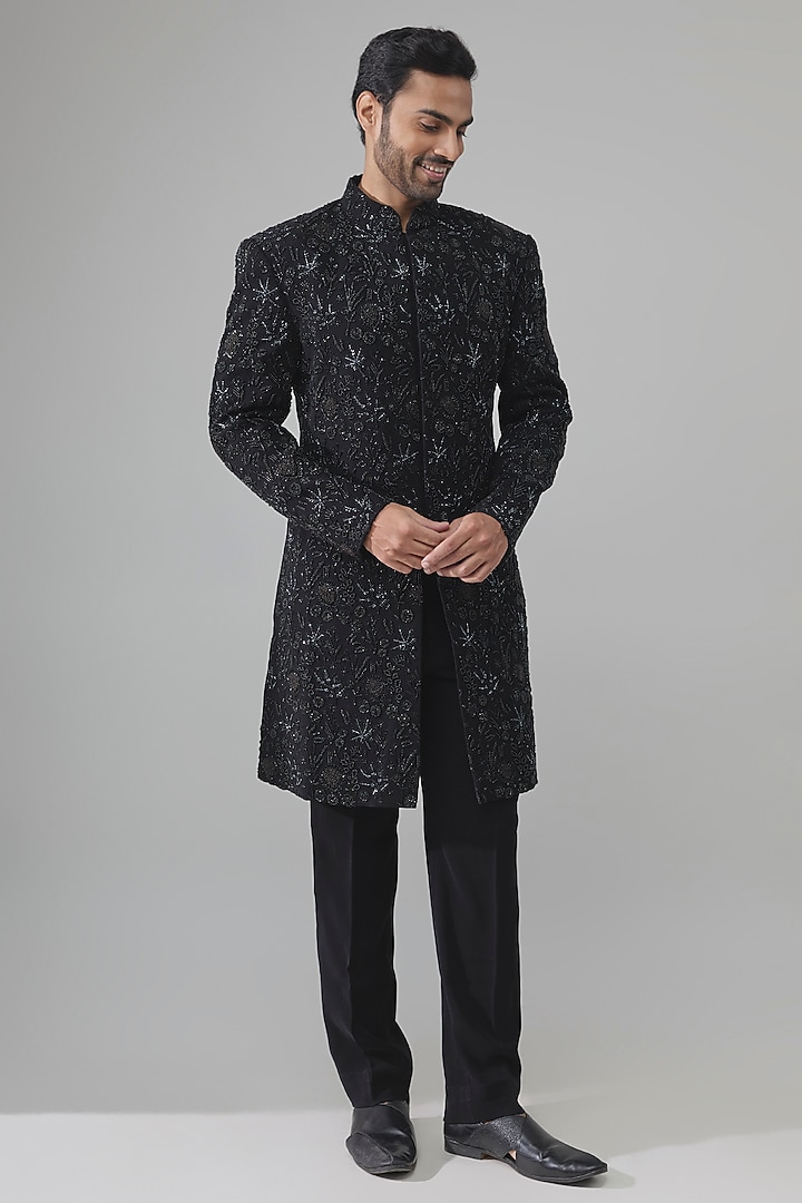 Black Raw Silk Embroidered Groom Indowestern Set by Amit Behki at Pernia's Pop Up Shop