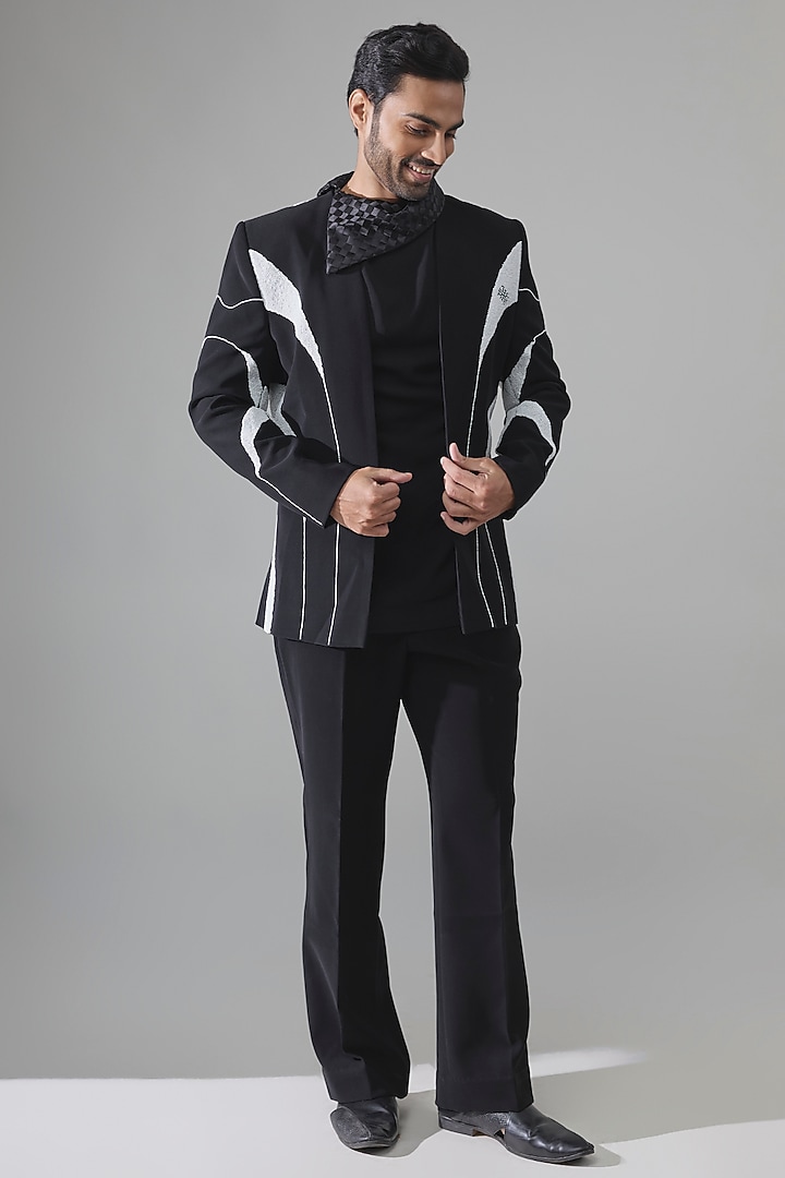 Black Raw Silk Embroidered Groom Indowestern Set by Amit Behki at Pernia's Pop Up Shop
