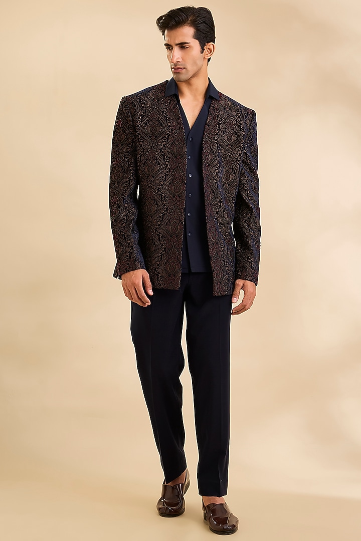 Blue Silk Velvet Indowestern Set by Amit Behki at Pernia's Pop Up Shop