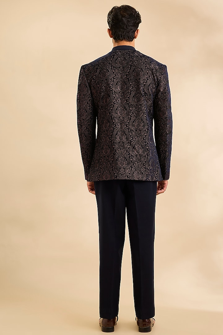 Blue Silk Velvet Indowestern Set by Amit Behki at Pernia's Pop Up Shop