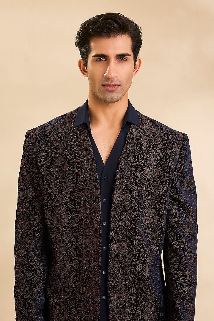 Blue Silk Velvet Indowestern Set by Amit Behki at Pernia's Pop Up Shop