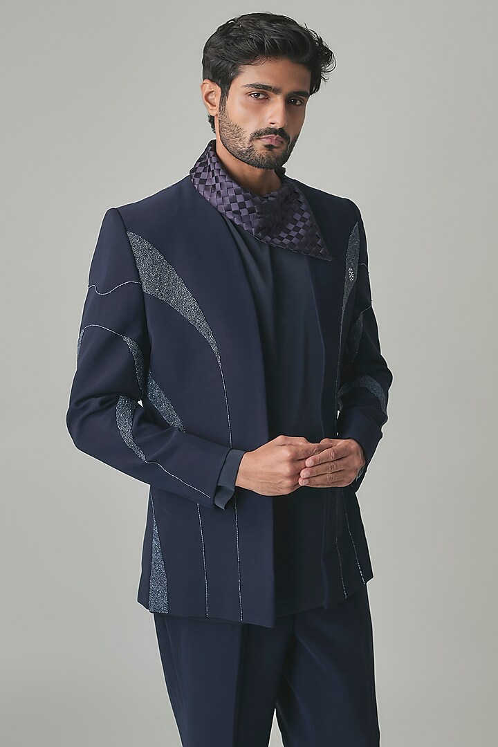 Blue Italian Fabric Hand Embroidered Groom Indowestern Set by Amit Behki at Pernia's Pop Up Shop
