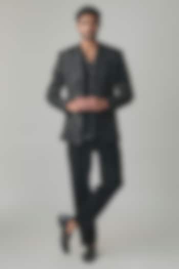 Black Italian Fabric Hand Embroidered Groom Indowestern Set by Amit Behki at Pernia's Pop Up Shop