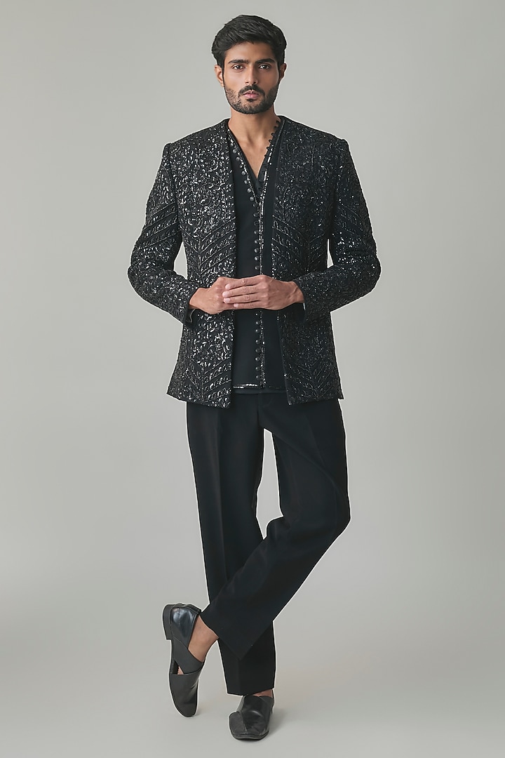 Black Italian Fabric Hand Embroidered Groom Indowestern Set by Amit Behki at Pernia's Pop Up Shop