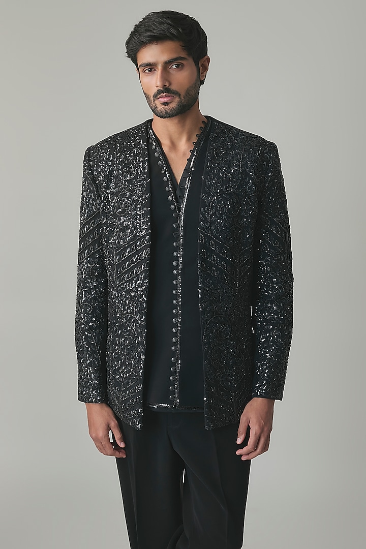 Black Italian Fabric Hand Embroidered Groom Indowestern Set by Amit Behki at Pernia's Pop Up Shop