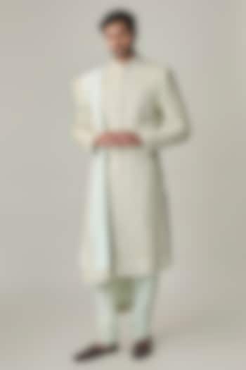 Sage Green Silk Hand Embroidered Groom Sherwani Set by Amit Behki at Pernia's Pop Up Shop