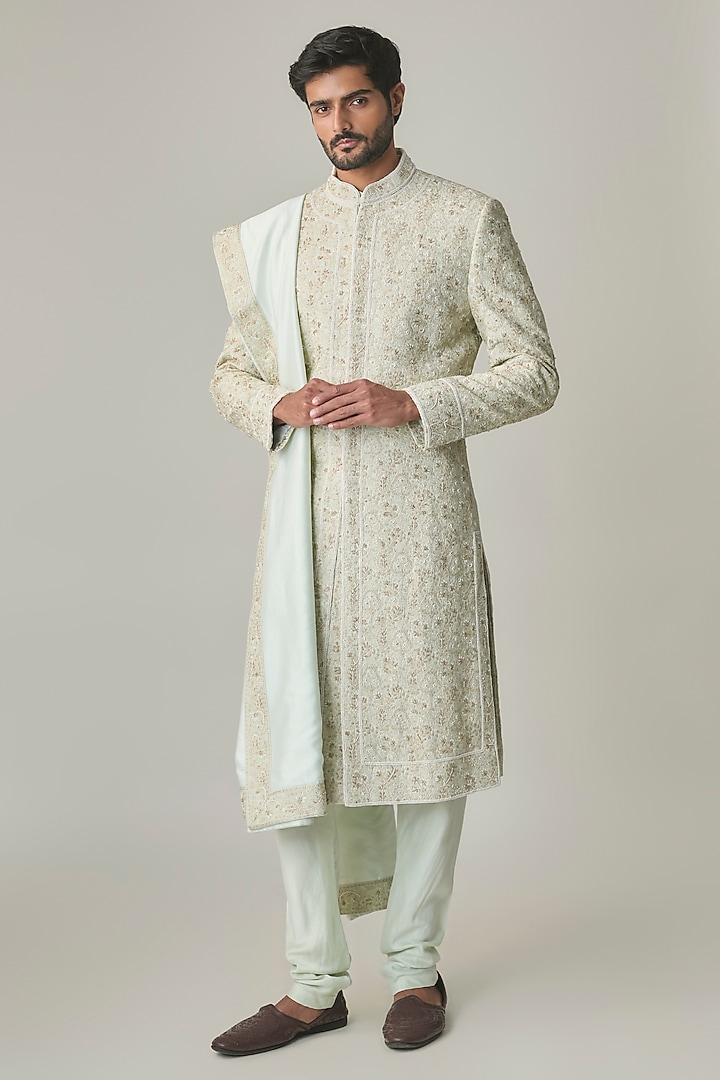 Sage Green Silk Hand Embroidered Groom Sherwani Set by Amit Behki at Pernia's Pop Up Shop