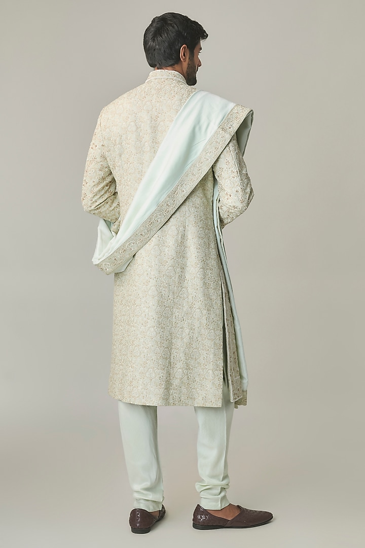 Sage Green Silk Hand Embroidered Groom Sherwani Set by Amit Behki at Pernia's Pop Up Shop