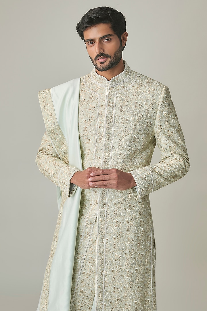 Sage Green Silk Hand Embroidered Groom Sherwani Set by Amit Behki at Pernia's Pop Up Shop