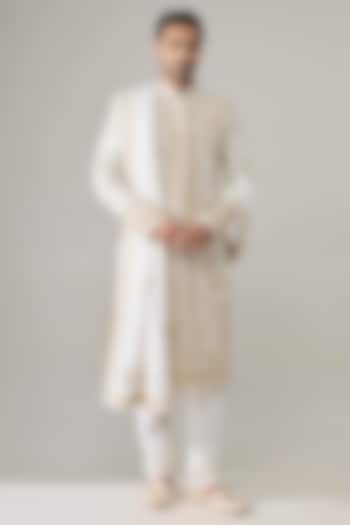 Ivory Raw Silk Embroidered Groom Sherwani Set by Amit Behki at Pernia's Pop Up Shop
