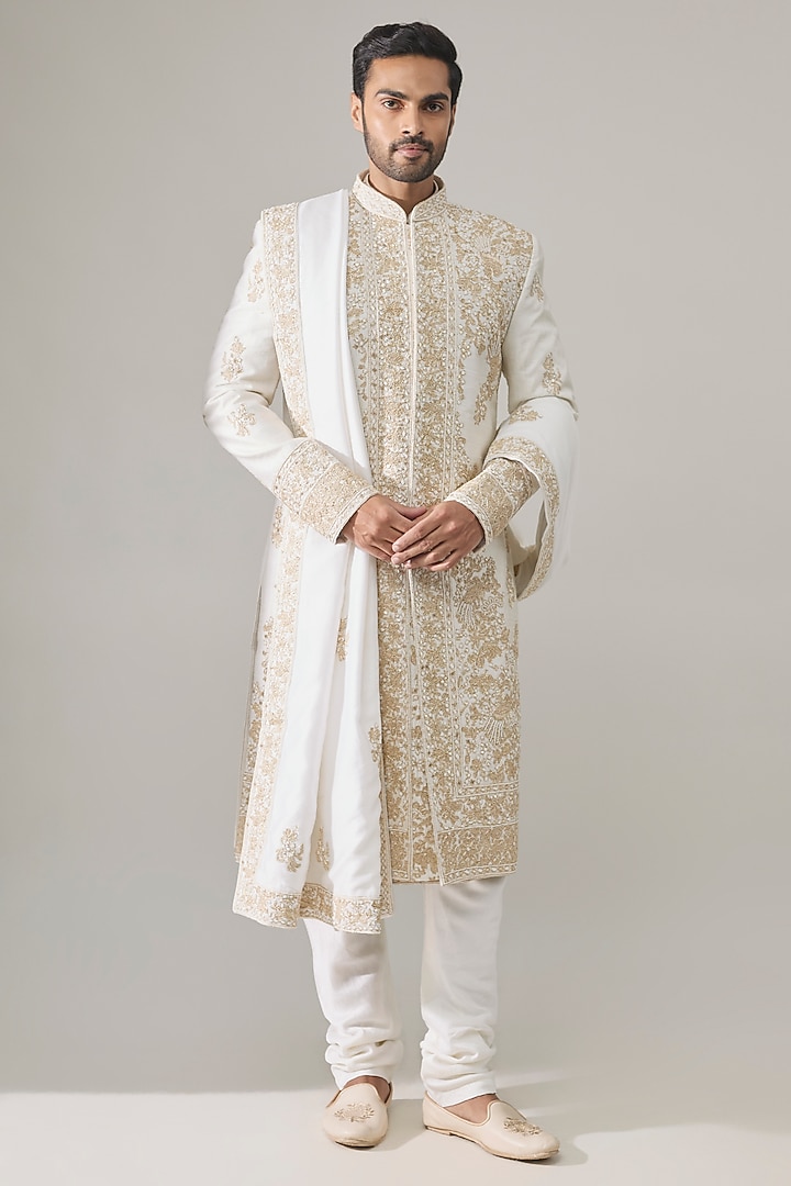 Ivory Raw Silk Embroidered Groom Sherwani Set by Amit Behki at Pernia's Pop Up Shop
