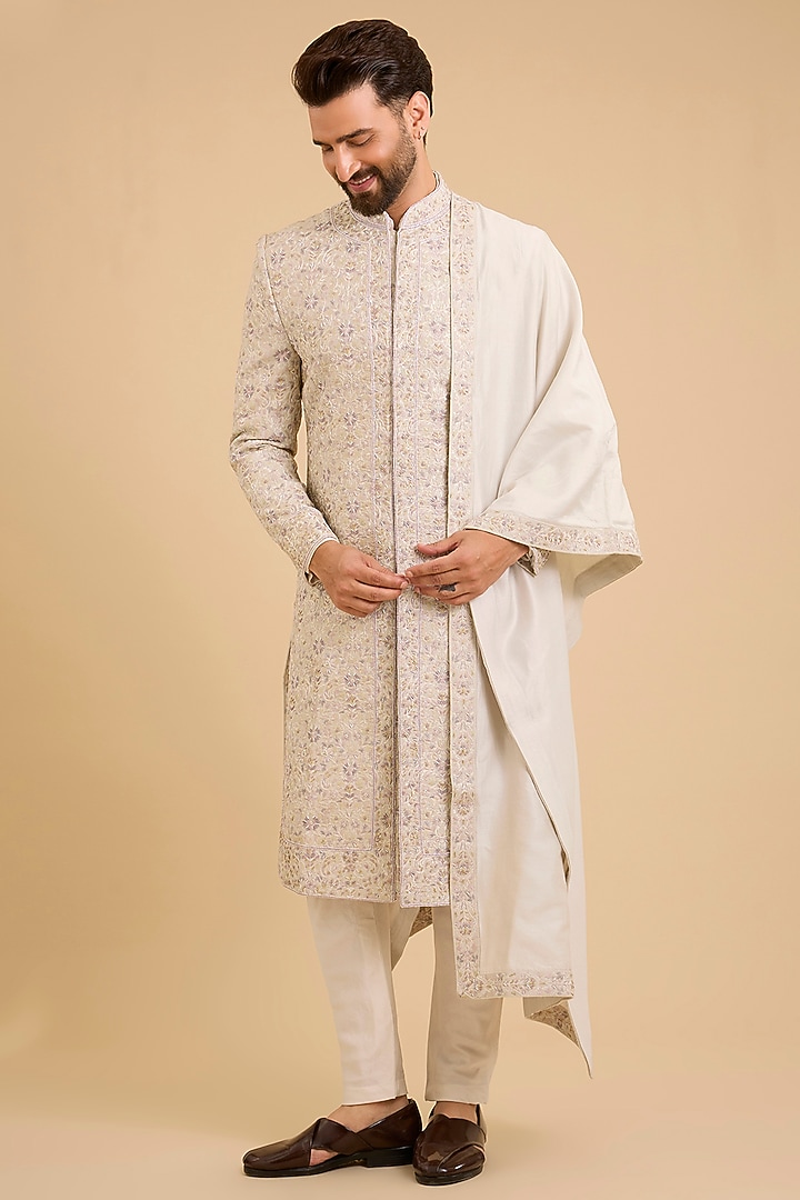 Light Grey Silk Groom Sherwani Set by Amit Behki at Pernia's Pop Up Shop