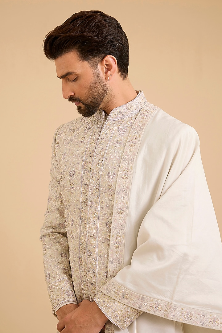 Light Grey Silk Groom Sherwani Set by Amit Behki at Pernia's Pop Up Shop