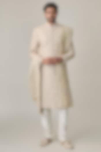 Champagne Gold Silk Hand Embroidered Groom Sherwani Set by Amit Behki at Pernia's Pop Up Shop